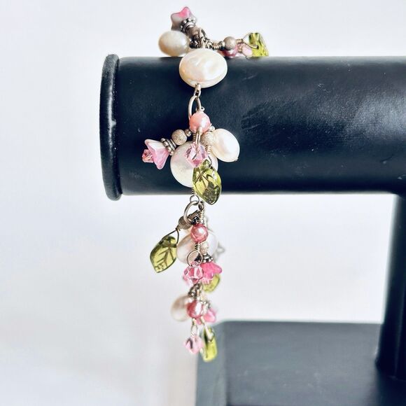 Coin Rice Pearl Dangling ChaCha Pink White Beaded Charm Bracelet Fairy Garden - Picture 3 of 11